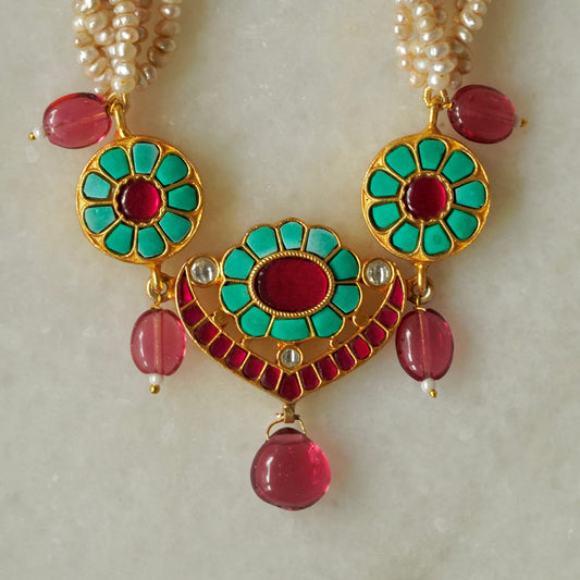 ORN002 Gold Plated 92.5 Silver Firoza and pink, 3-piece Choker strung in precious pearls with earrings