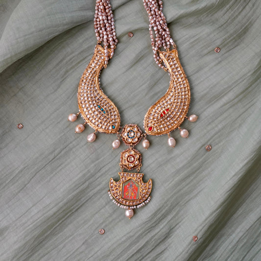 ORN032 Gold Plated 92.5 Silver Meen Shrinathji Reversible Necklace fastened by fresh-water pearls