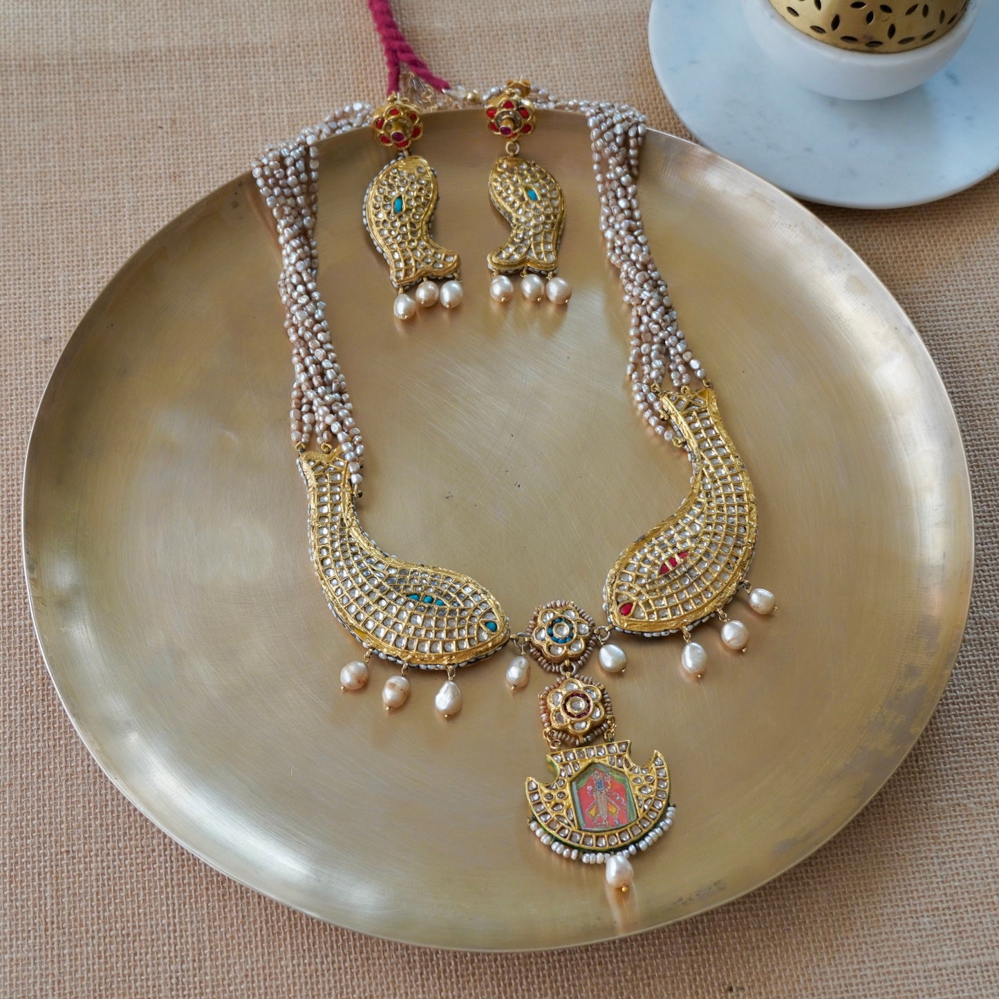 ORN032 Gold Plated 92.5 Silver Meen Shrinathji Reversible Necklace fastened by fresh-water pearls