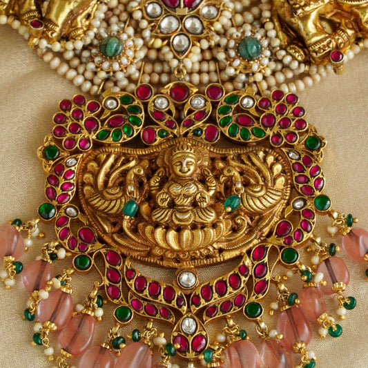 ORN038 Gold Plated 92.5 Silver Laxmiji Pendant with Gaj fastened on precious fresh-water pearls