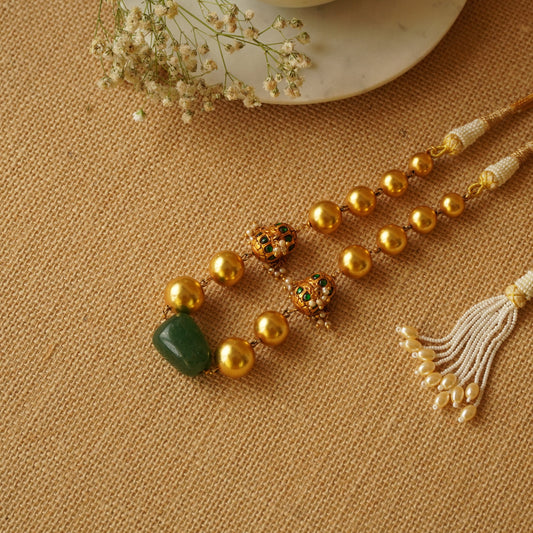 ORN045 92.5 Silver Gold Plated Balls with Green Stone Center Necklace