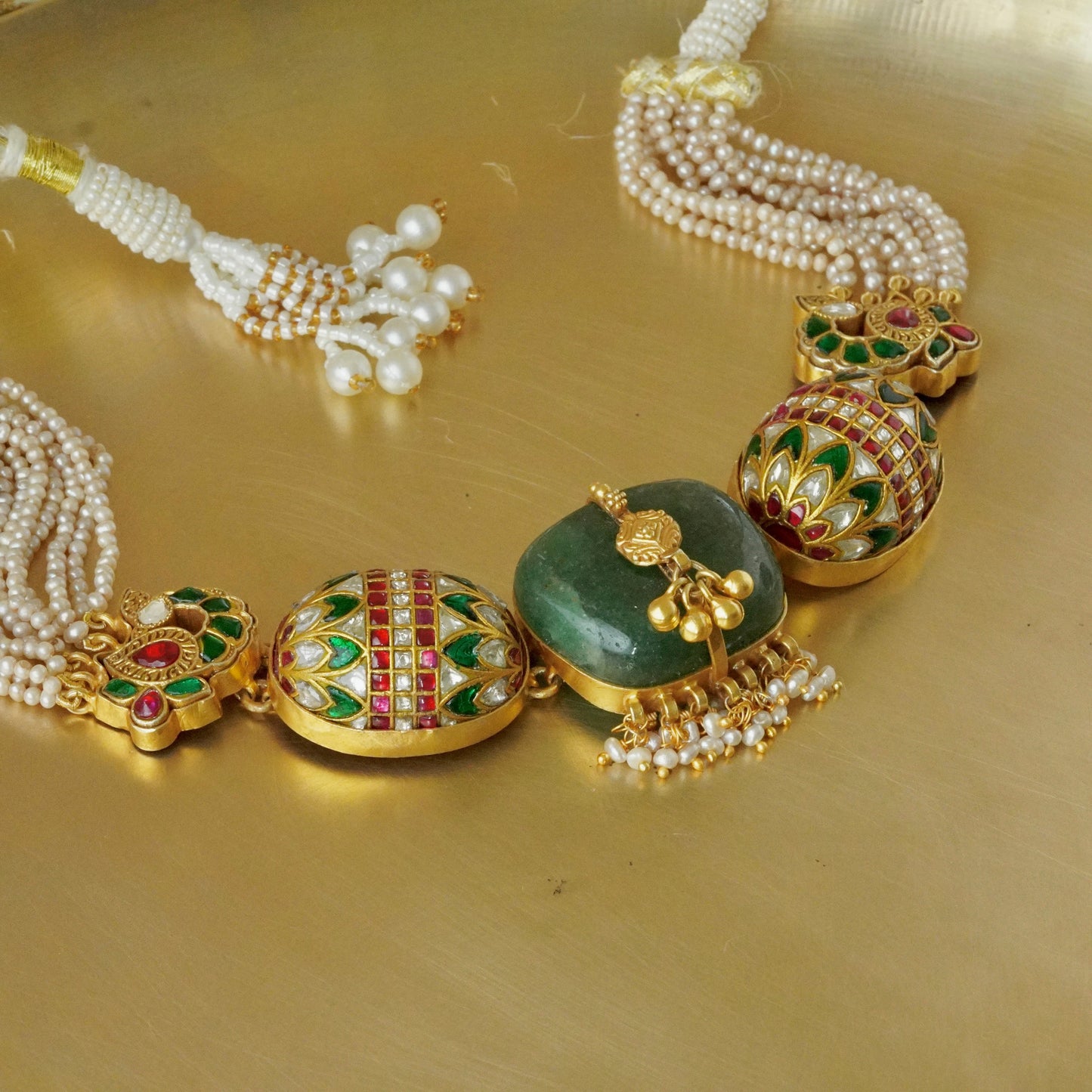 ORN054 Gold plated 92.5 silver multi stone bolster amulet necklace with green centre stone