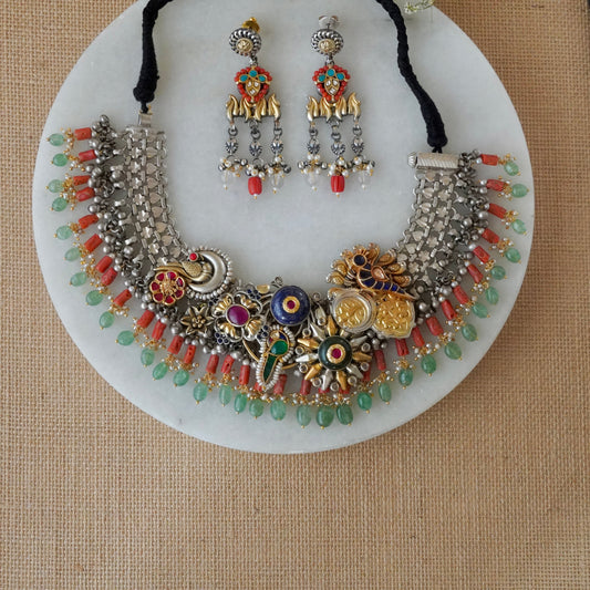 ORN073 Dual Tone 92.5 Silver Blue and Green round Stone and Peacock with Coral hangings