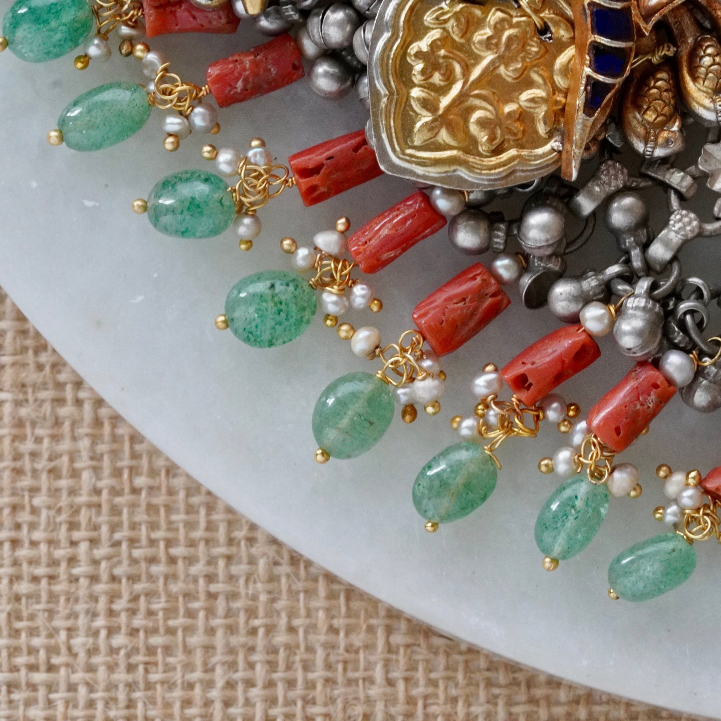 ORN073 Dual Tone 92.5 Silver Blue and Green round Stone and Peacock with Coral hangings