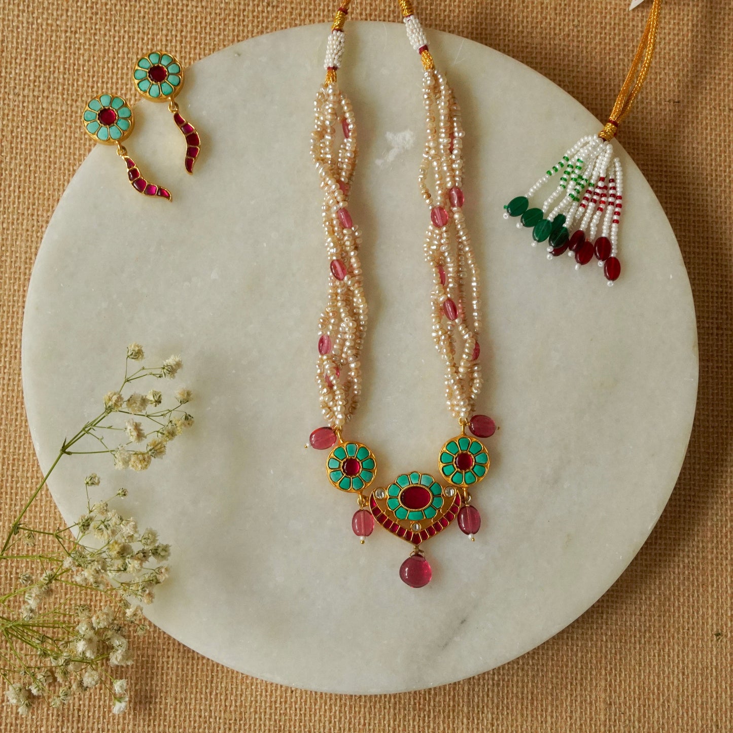 ORN002 Gold Plated 92.5 Silver Firoza and pink, 3-piece Choker strung in precious pearls with earrings