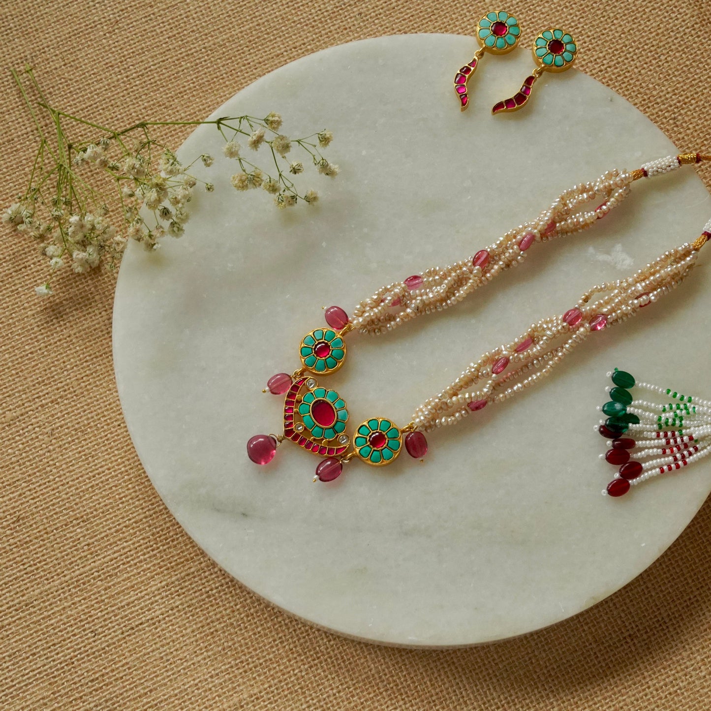 ORN002 Gold Plated 92.5 Silver Firoza and pink, 3-piece Choker strung in precious pearls with earrings
