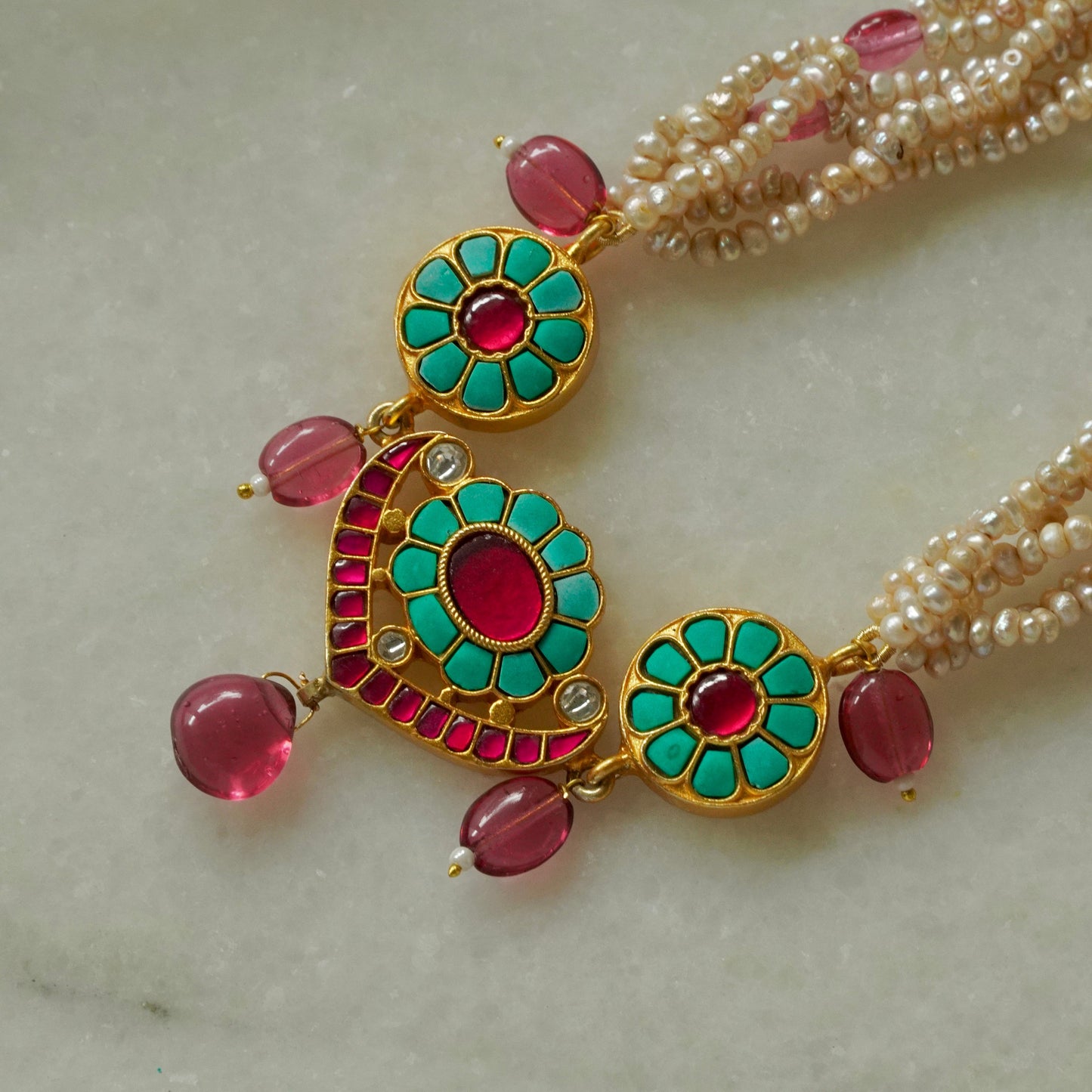 ORN002 Gold Plated 92.5 Silver Firoza and pink, 3-piece Choker strung in precious pearls with earrings