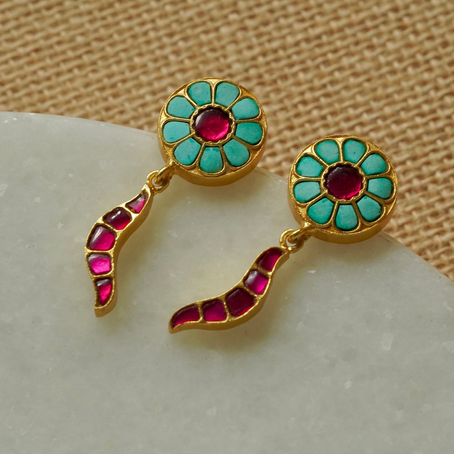 ORN002 Gold Plated 92.5 Silver Firoza and pink, 3-piece Choker strung in precious pearls with earrings