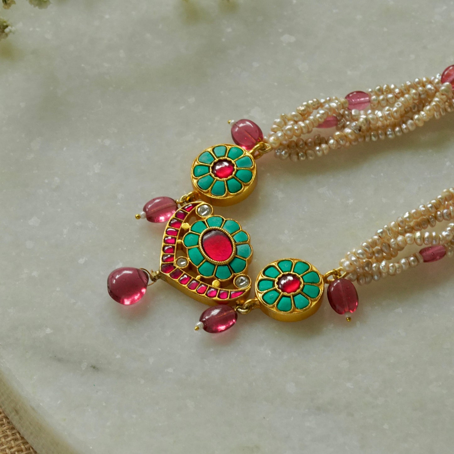 ORN002 Gold Plated 92.5 Silver Firoza and pink, 3-piece Choker strung in precious pearls with earrings