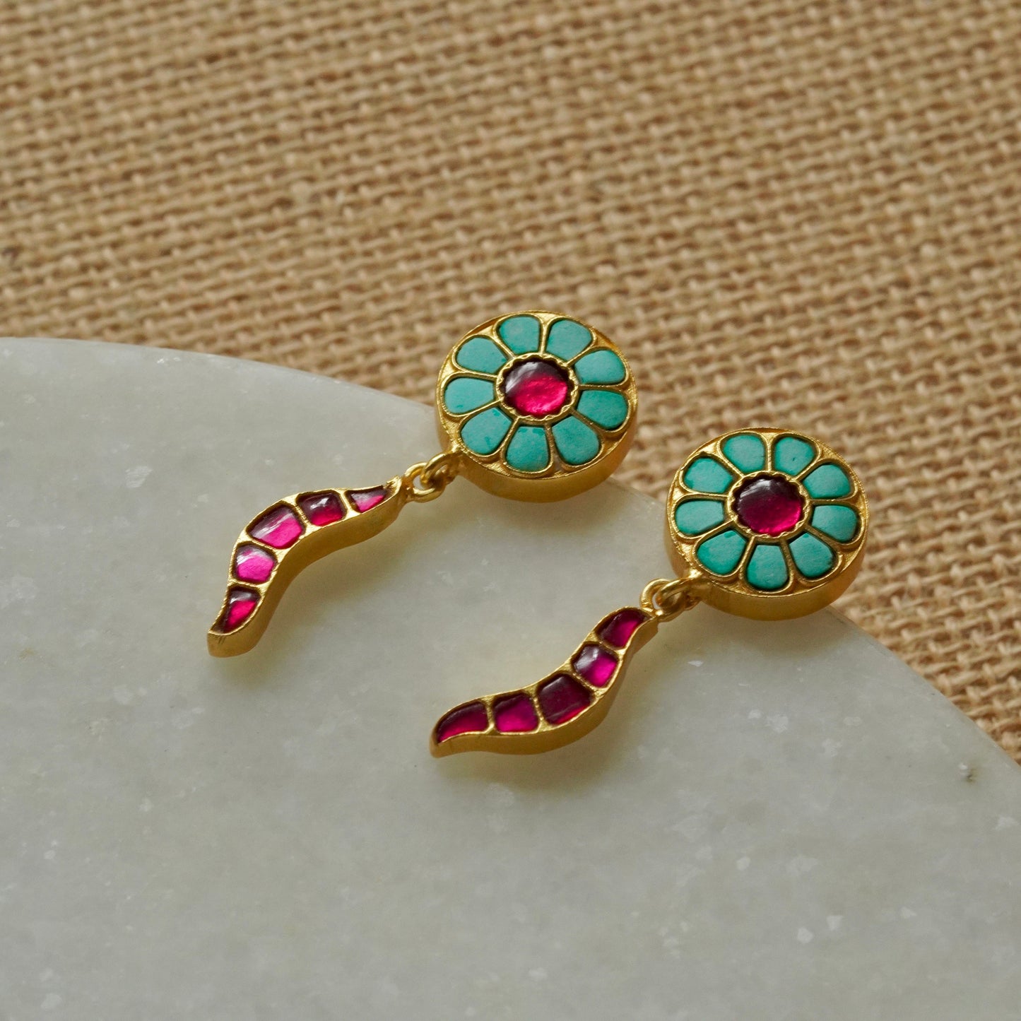 ORN002 Gold Plated 92.5 Silver Firoza and pink, 3-piece Choker strung in precious pearls with earrings