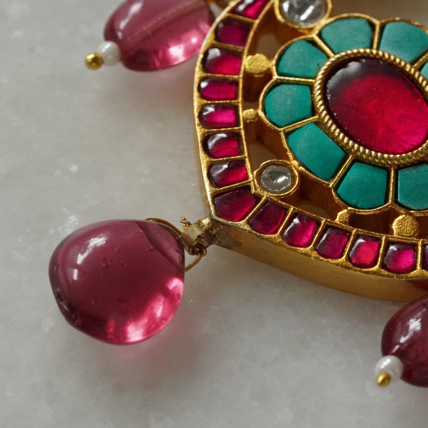 ORN002 Gold Plated 92.5 Silver Firoza and pink, 3-piece Choker strung in precious pearls with earrings