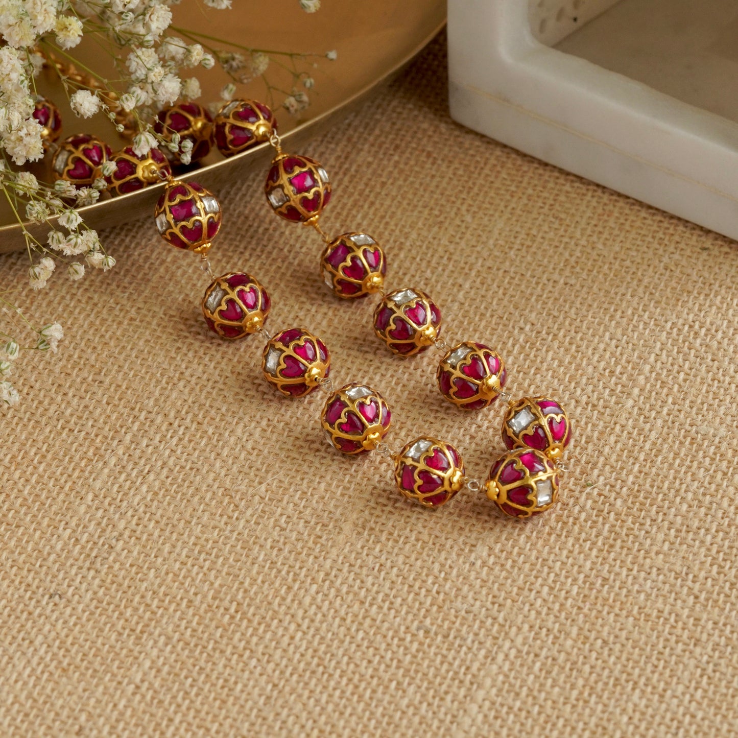 ORN006 Gold Plated 92.5 Silver Red and White Gundu Mala
