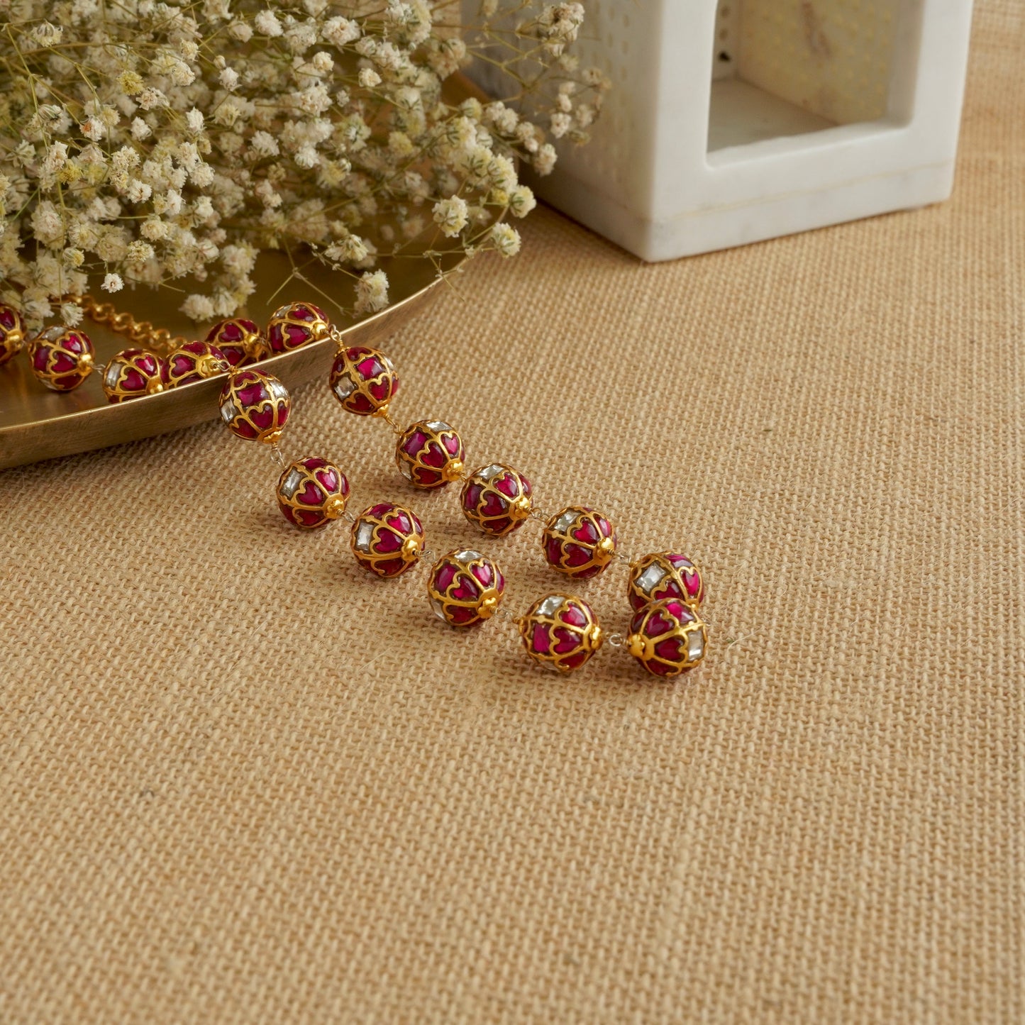 ORN006 Gold Plated 92.5 Silver Red and White Gundu Mala