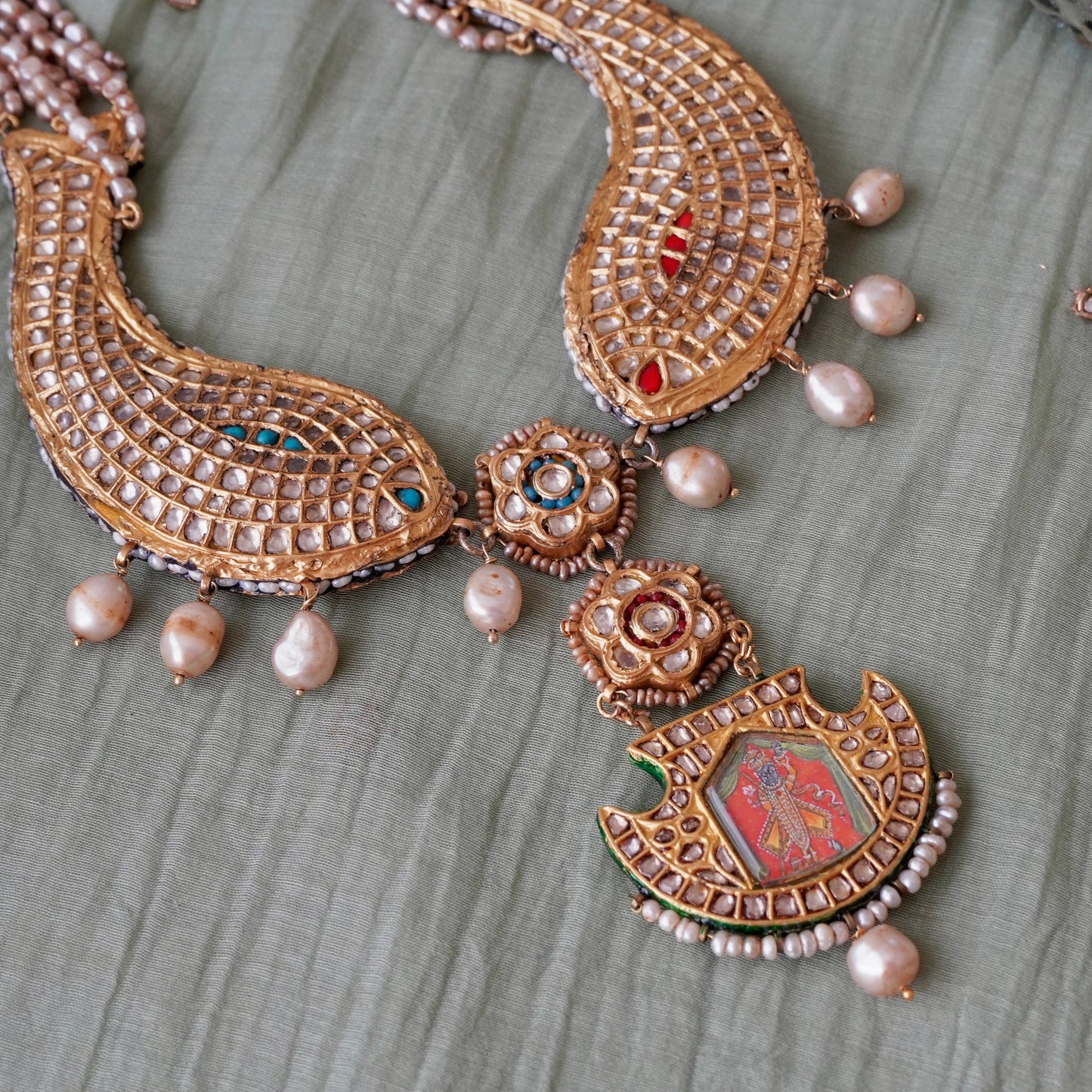 ORN032 Gold Plated 92.5 Silver Meen Shrinathji Reversible Necklace fastened by fresh-water pearls