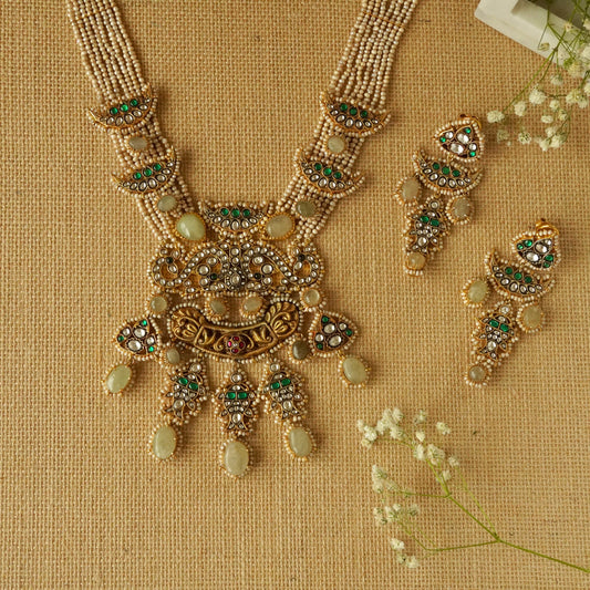 ORN037 Gold Plated 92.5 Silver Citrine Necklace with Meen hangings fastened by precious fresh-water Pearls