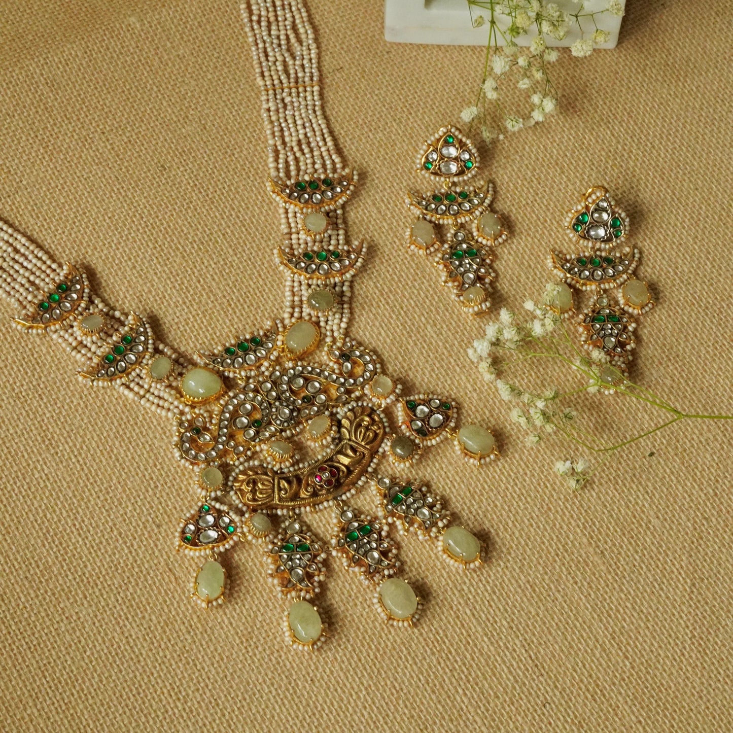 ORN037 Gold Plated 92.5 Silver Citrine Necklace with Meen hangings fastened by precious fresh-water Pearls