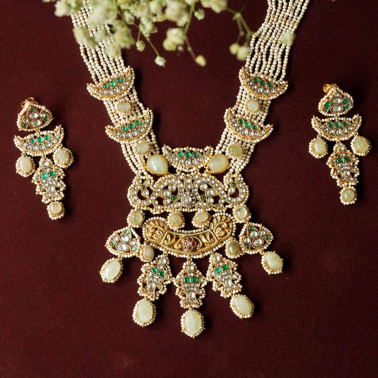 ORN037 Gold Plated 92.5 Silver Citrine Necklace with Meen hangings fastened by precious fresh-water Pearls