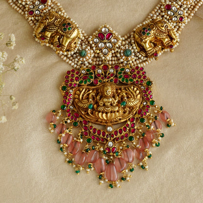 Laxmiji Pendant with Gaj fastened on precious fresh-water pearls