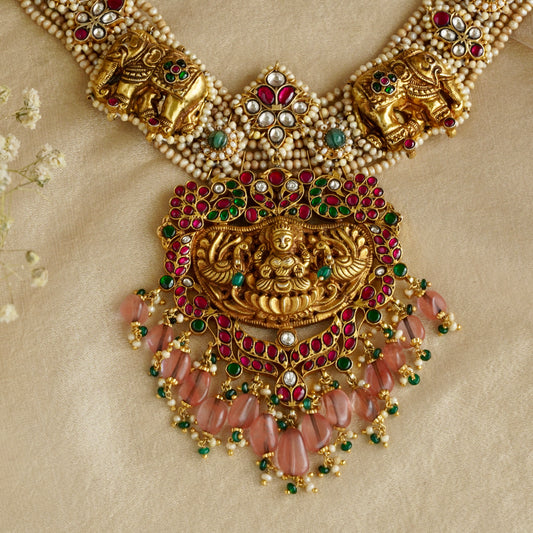 ORN038 Gold Plated 92.5 Silver Laxmiji Pendant with Gaj fastened on precious fresh-water pearls