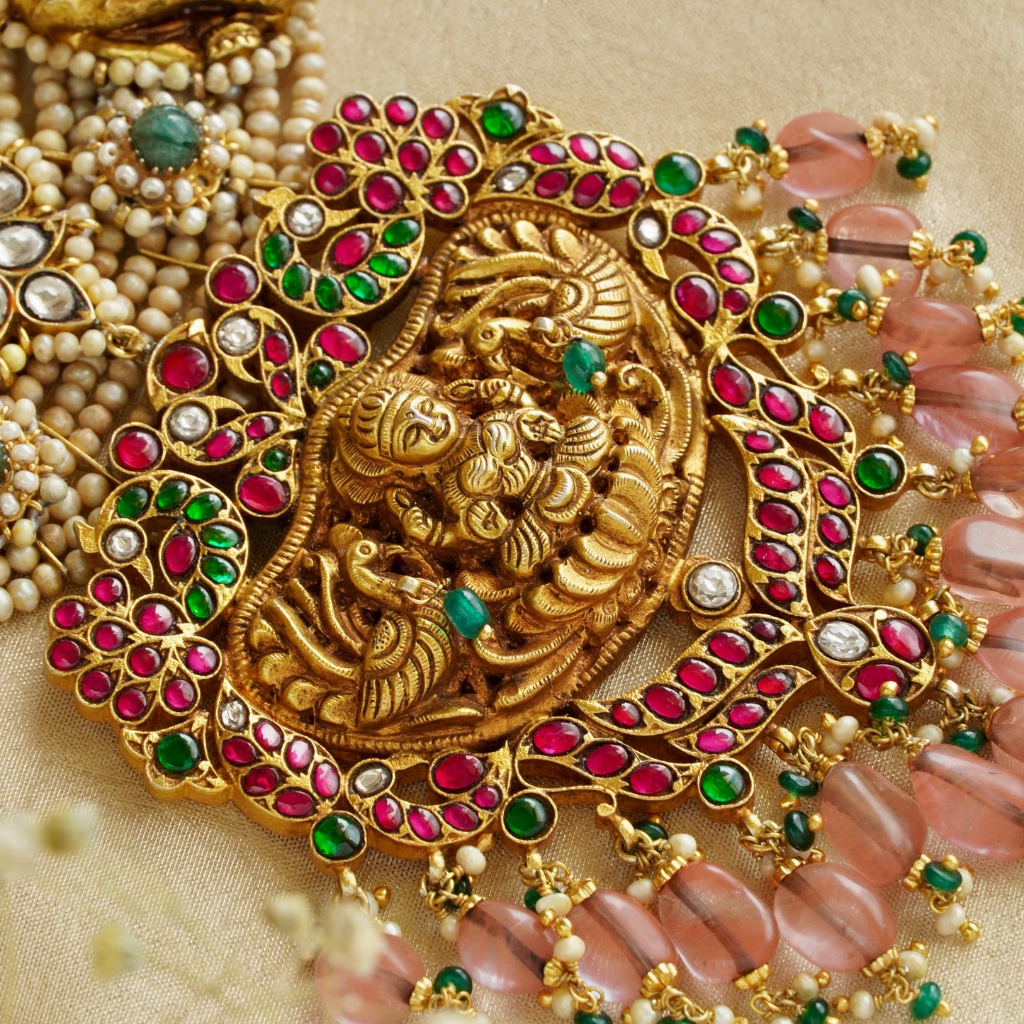 ORN038 Gold Plated 92.5 Silver Laxmiji Pendant with Gaj fastened on precious fresh-water pearls