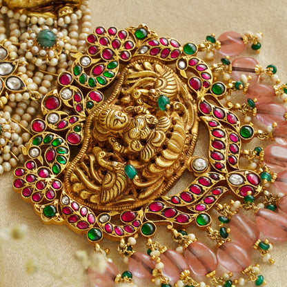 Laxmiji Pendant with Gaj fastened on precious fresh-water pearls