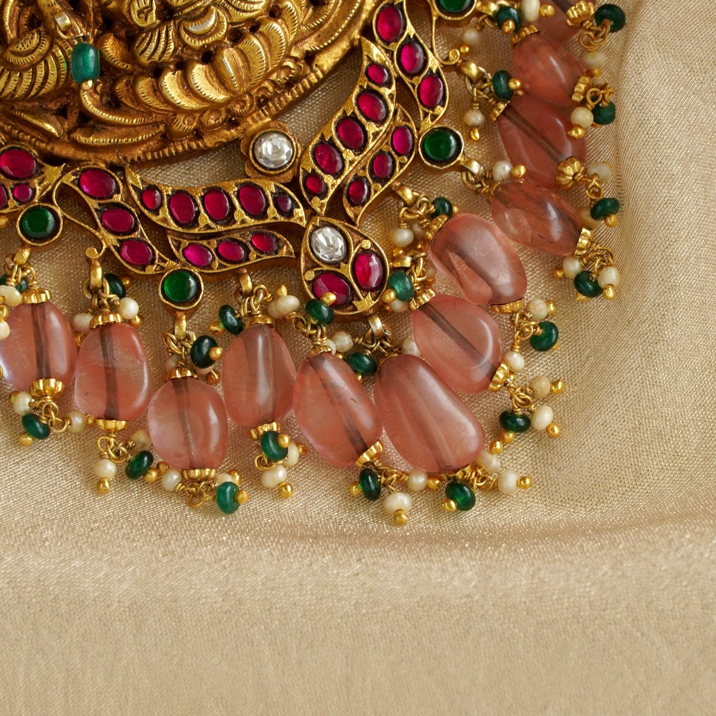 ORN038 Gold Plated 92.5 Silver Laxmiji Pendant with Gaj fastened on precious fresh-water pearls