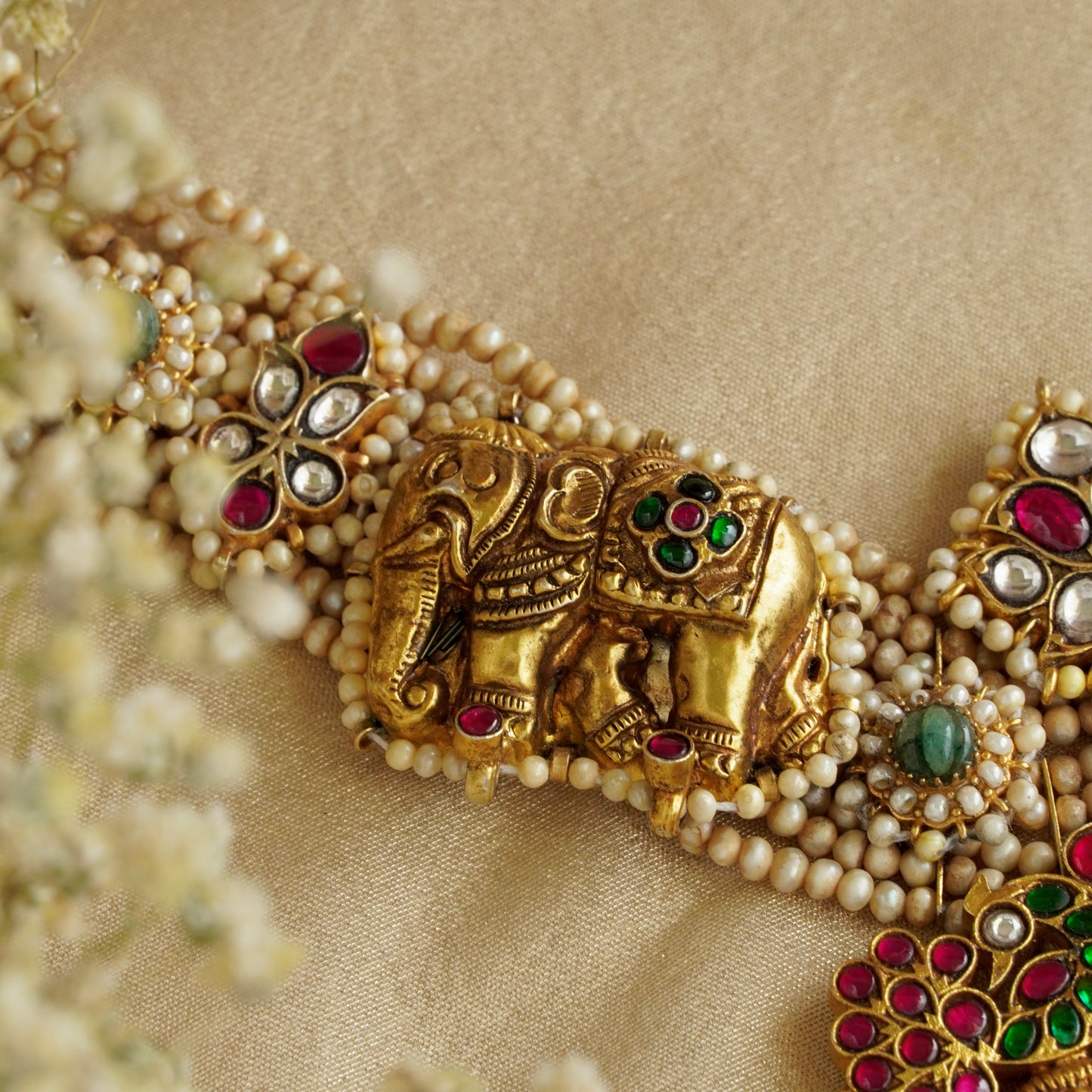 ORN038 Gold Plated 92.5 Silver Laxmiji Pendant with Gaj fastened on precious fresh-water pearls