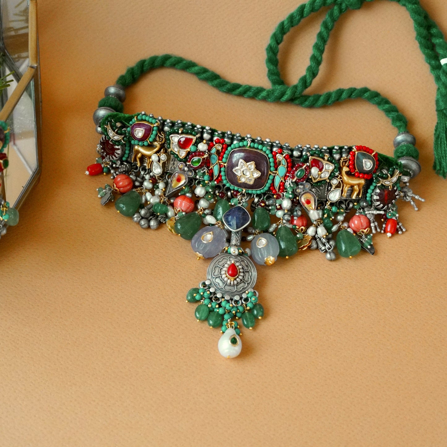 ORN040 Dual Tone 92.5 Silver Magenta center Choker and earrings