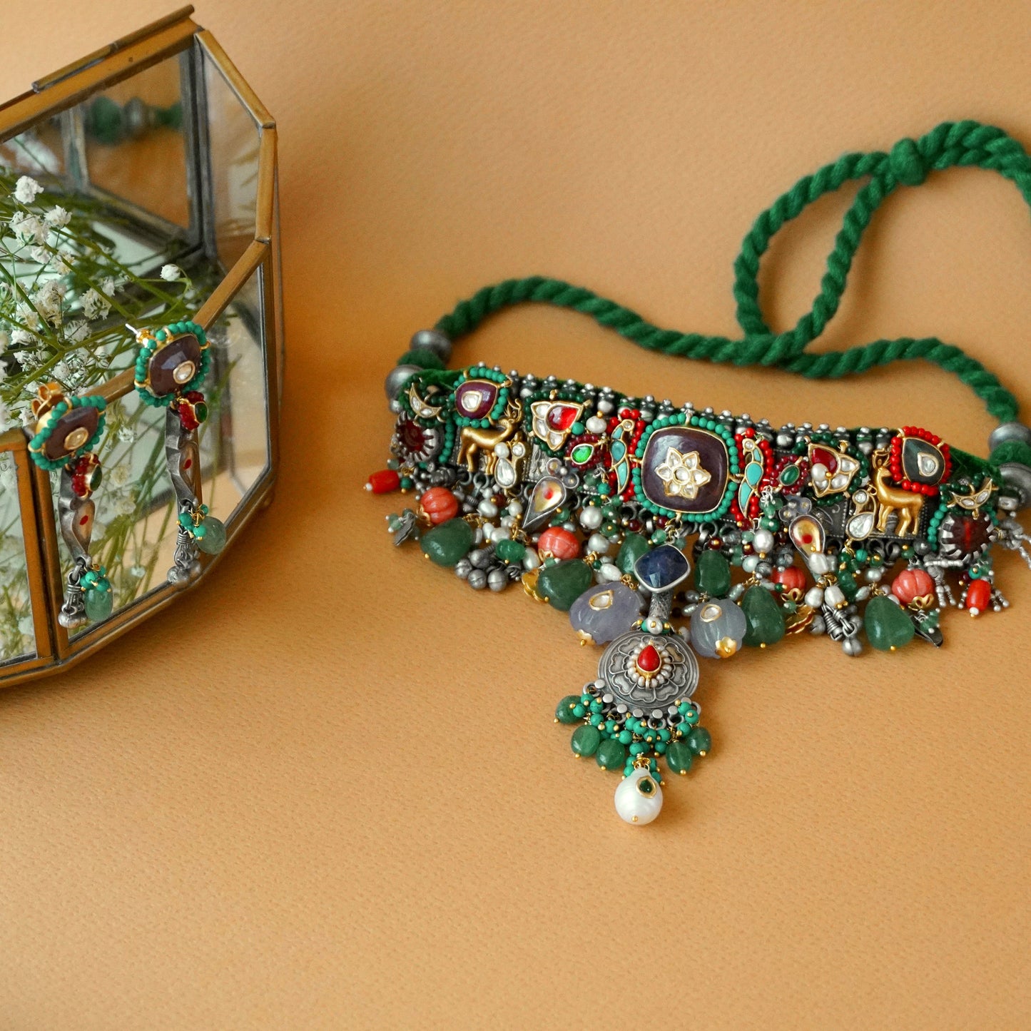 ORN040 Dual Tone 92.5 Silver Magenta center Choker and earrings