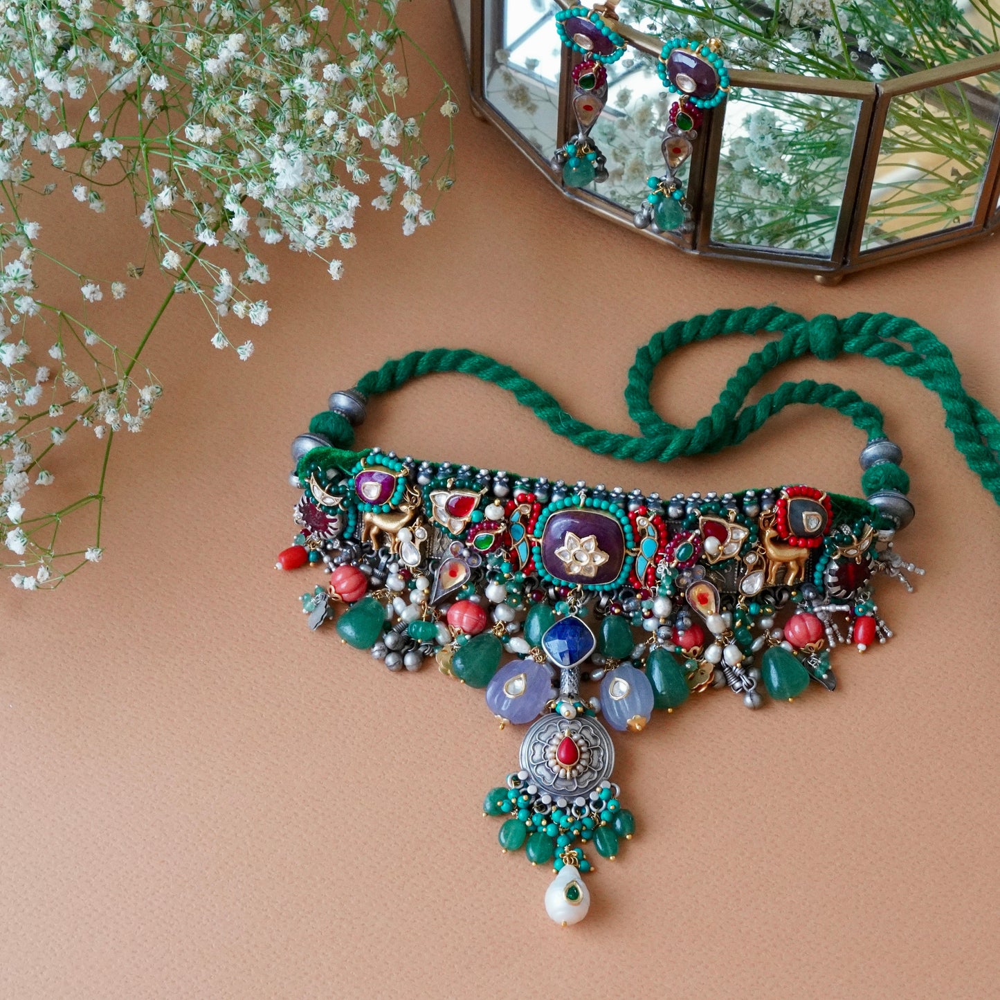 ORN040 Dual Tone 92.5 Silver Magenta center Choker and earrings