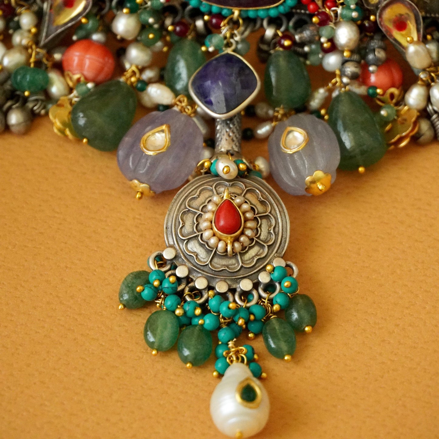 ORN040 Dual Tone 92.5 Silver Magenta center Choker and earrings