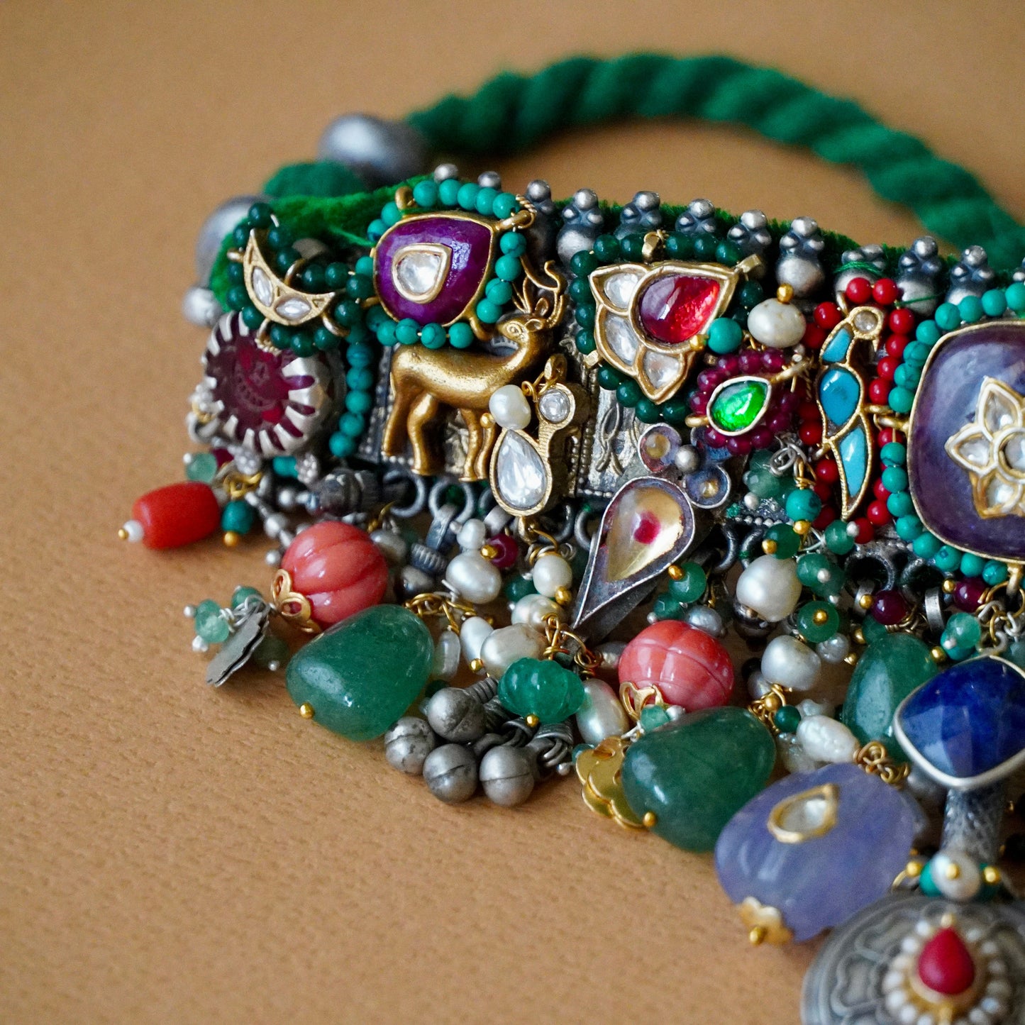 ORN040 Dual Tone 92.5 Silver Magenta center Choker and earrings