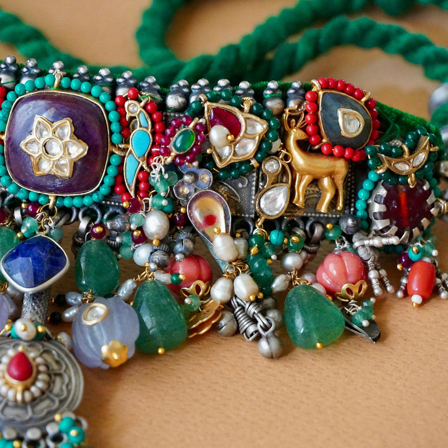 ORN040 Dual Tone 92.5 Silver Magenta center Choker and earrings