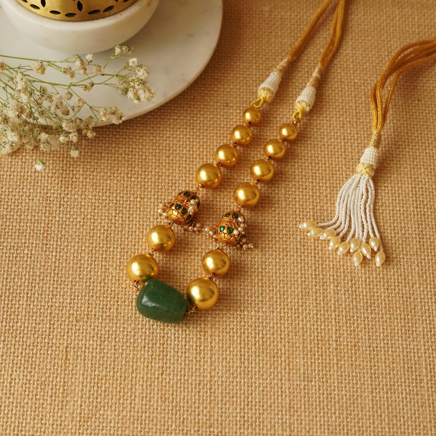 ORN045 92.5 Silver Gold Plated Balls with Green Stone Center Necklace