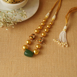 ORN045 92.5 Silver Gold Plated Balls with Green Stone Center Necklace