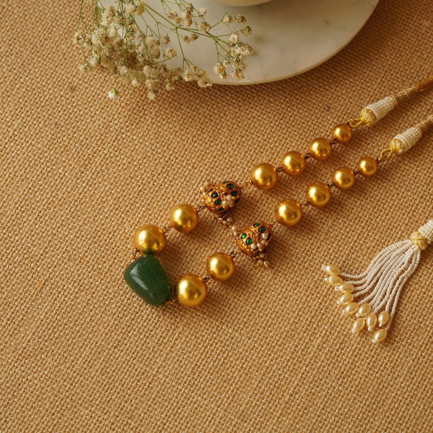 ORN045 92.5 Silver Gold Plated Balls with Green Stone Center Necklace