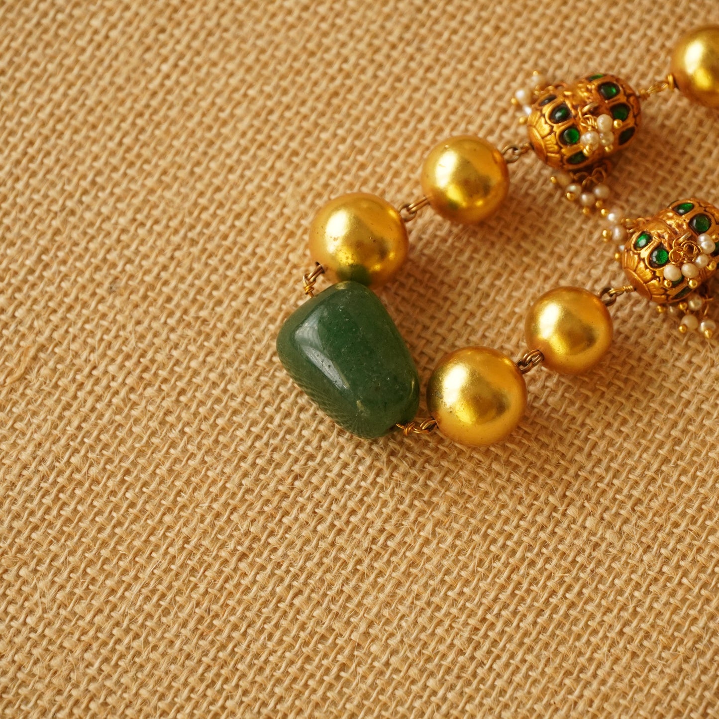 ORN045 92.5 Silver Gold Plated Balls with Green Stone Center Necklace