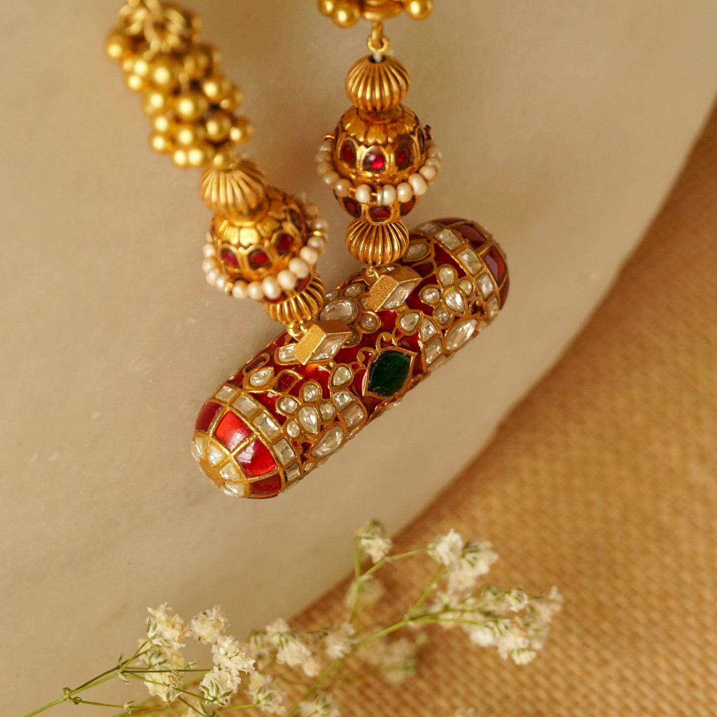 ORN048 Gold Plated 92.5 Silver Red Enamel White Red and Green Stone on Ghooghri