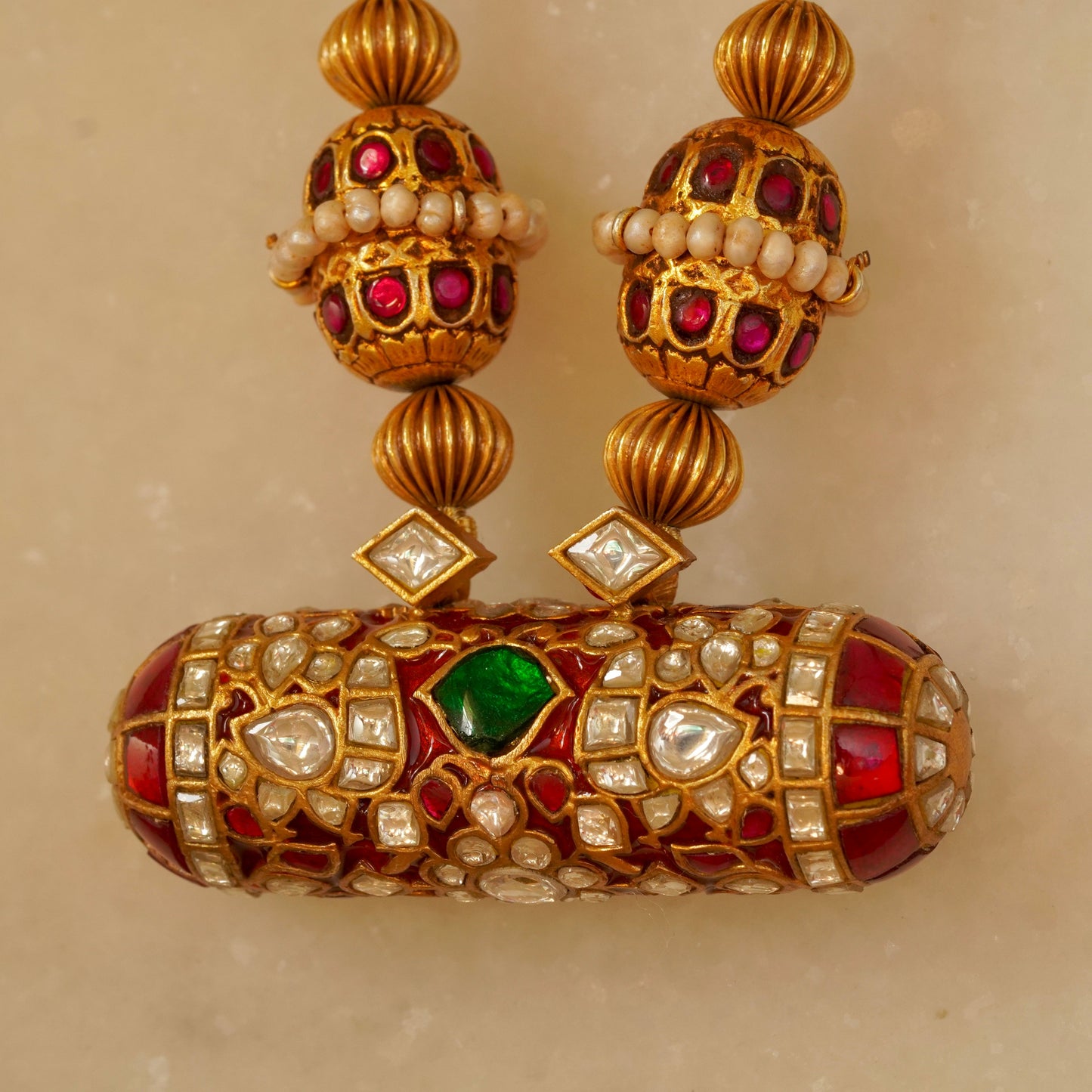ORN048 Gold Plated 92.5 Silver Red Enamel White Red and Green Stone on Ghooghri
