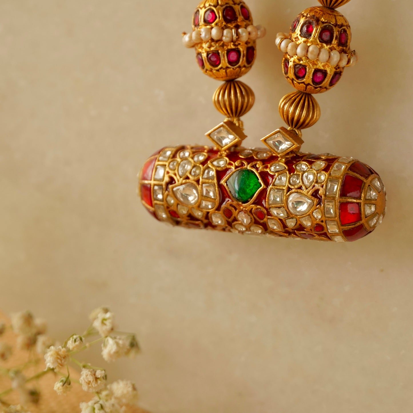 ORN048 Gold Plated 92.5 Silver Red Enamel White Red and Green Stone on Ghooghri