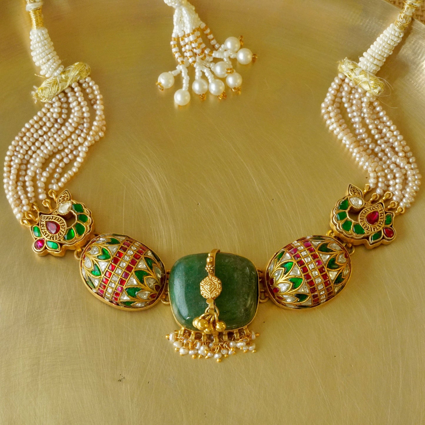 ORN054 Gold plated 92.5 silver multi stone bolster amulet necklace with green centre stone