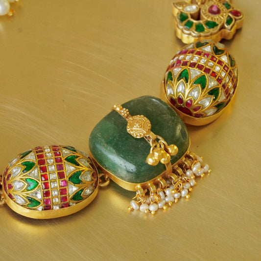ORN054 Gold plated 92.5 silver multi stone bolster amulet necklace with green centre stone