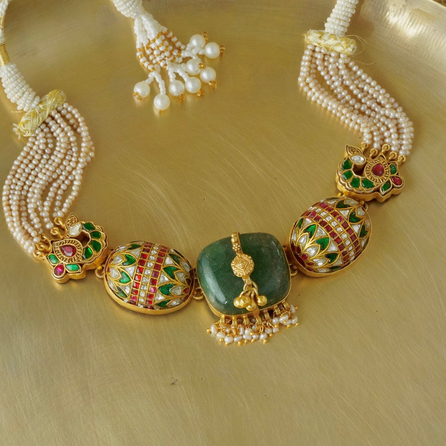 ORN054 Gold plated 92.5 silver multi stone bolster amulet necklace with green centre stone