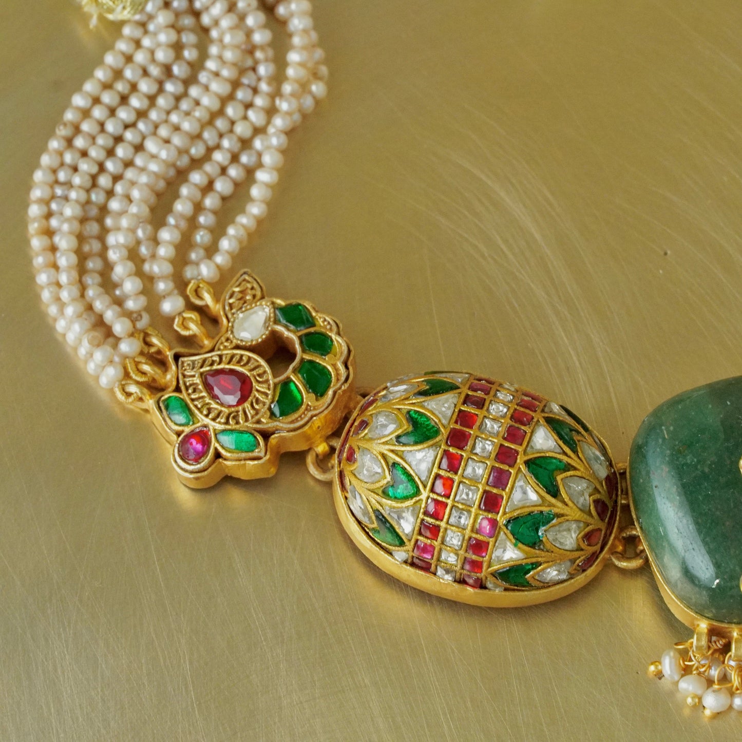 ORN054 Gold plated 92.5 silver multi stone bolster amulet necklace with green centre stone