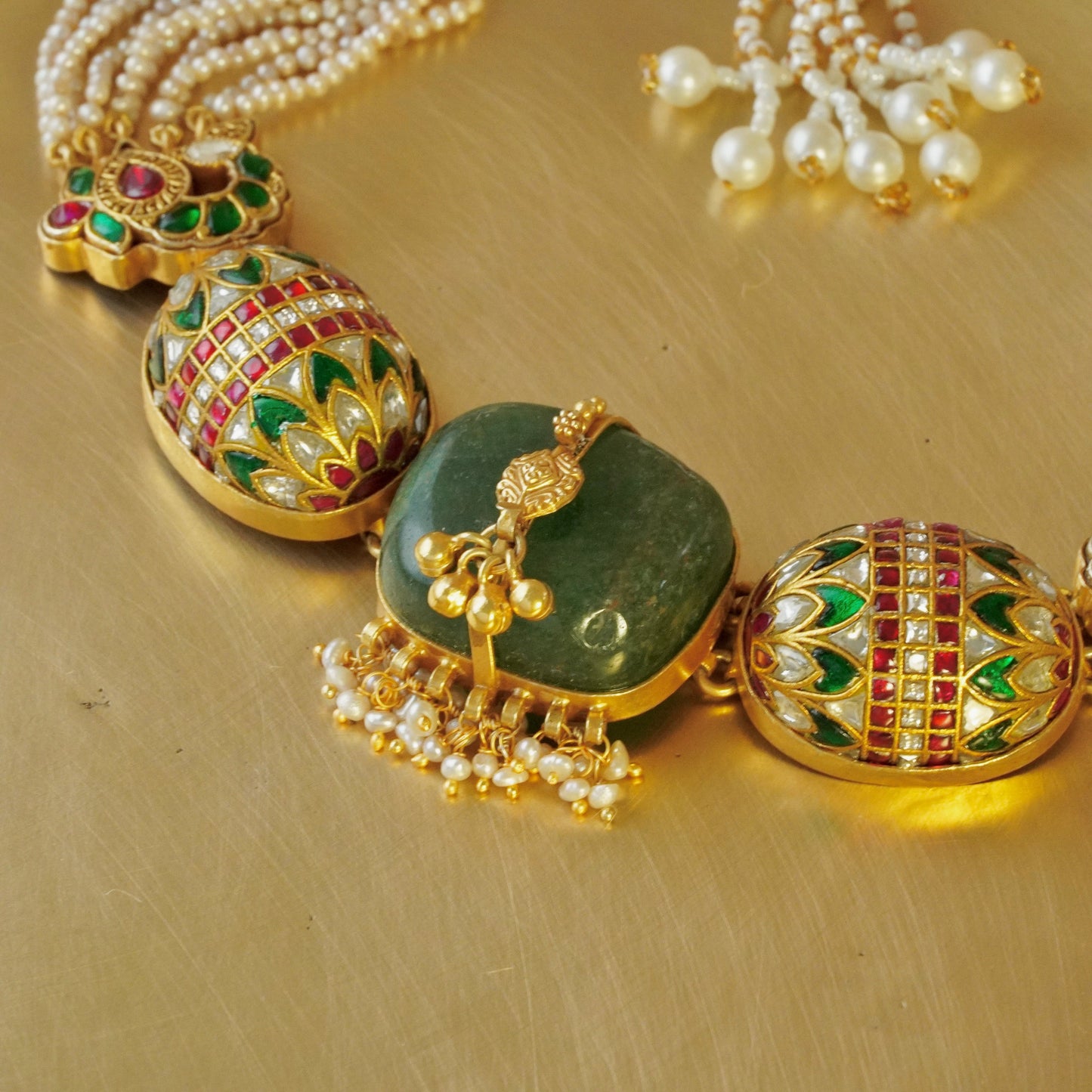 ORN054 Gold plated 92.5 silver multi stone bolster amulet necklace with green centre stone