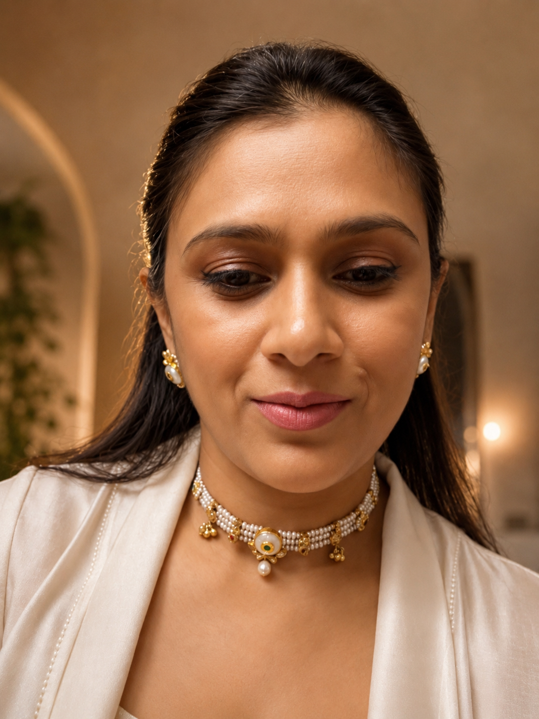 Centre white centre strung in pearl lines choker and earrings