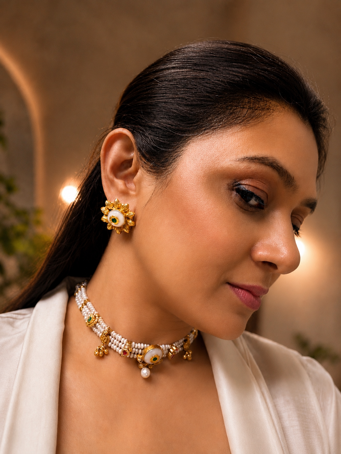 Centre white centre strung in pearl lines choker and earrings