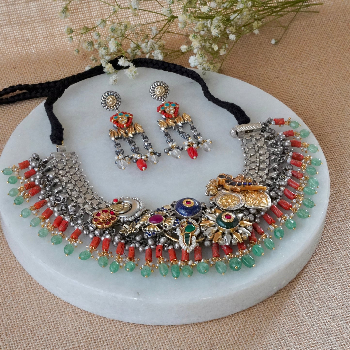 ORN073 Dual Tone 92.5 Silver Blue and Green round Stone and Peacock with Coral hangings