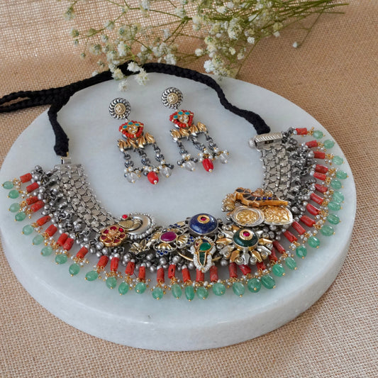 ORN073 Dual Tone 92.5 Silver Blue and Green round Stone and Peacock with Coral hangings