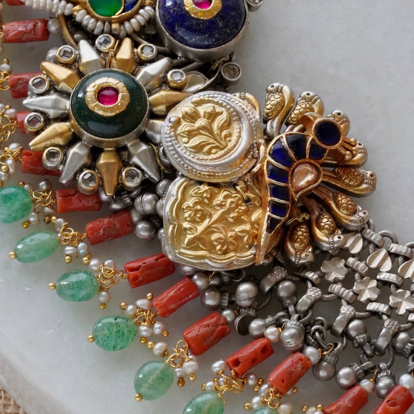 ORN073 Dual Tone 92.5 Silver Blue and Green round Stone and Peacock with Coral hangings